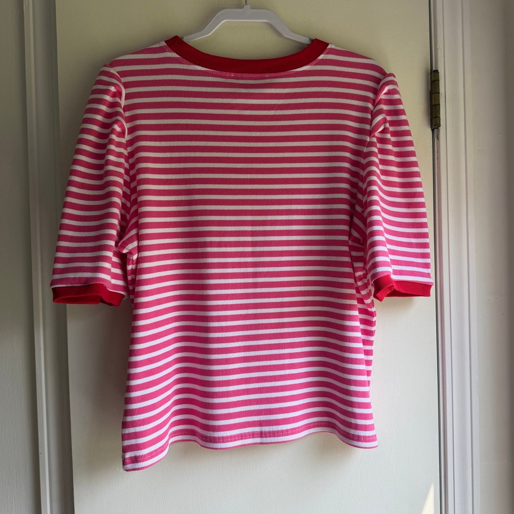 Rebecca Minkoff Womens Pink Stripe Puff Sleeve Ribbed Knit Top XXL 7RMD7312 - Picture 6 of 8